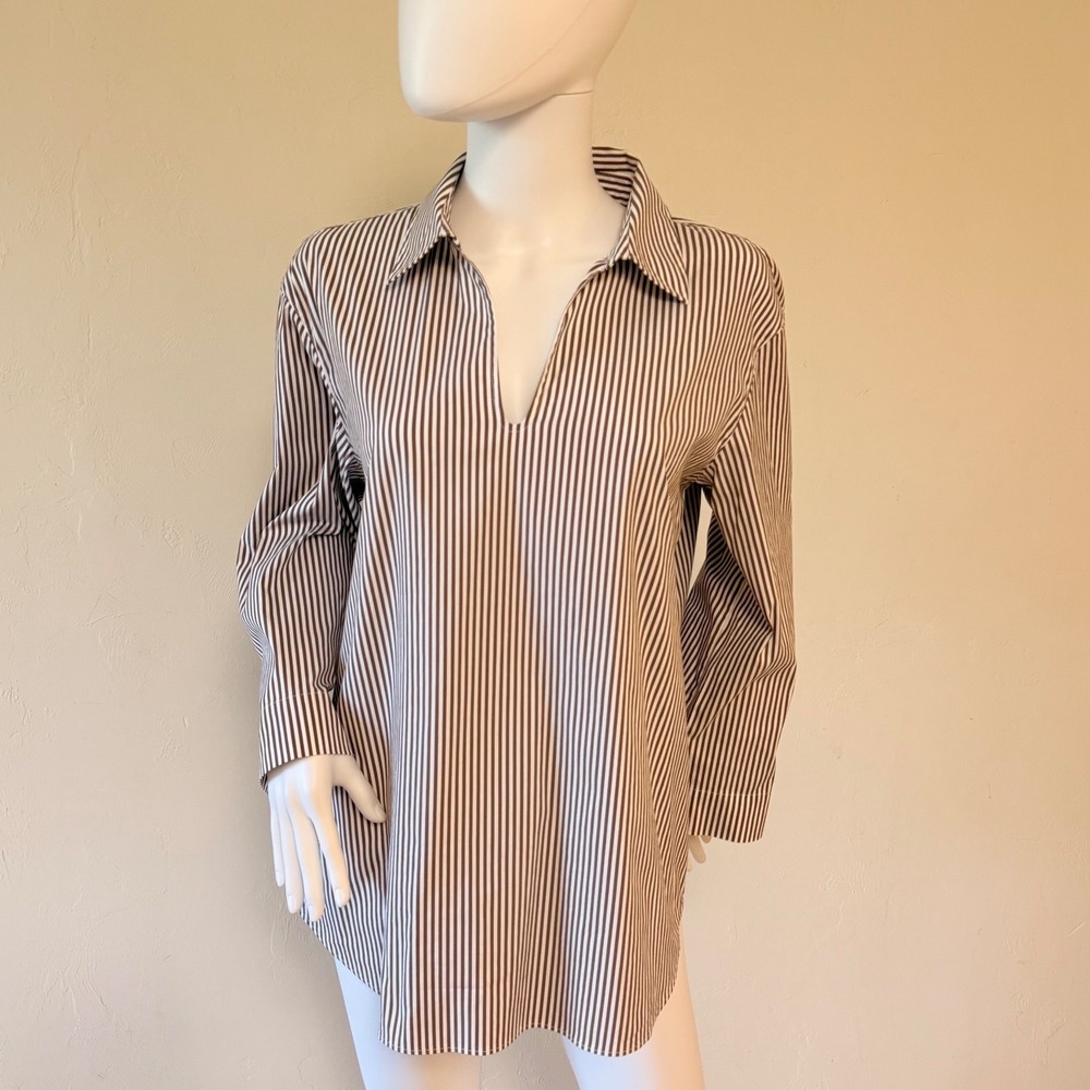 Lafayette 148 New York Women's Brown White Striped V-Neck Tunic Blouse Size M